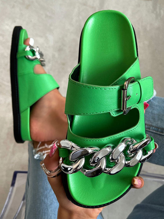 Chain Decor Double Buckles Sandals Green / 5/5.5
