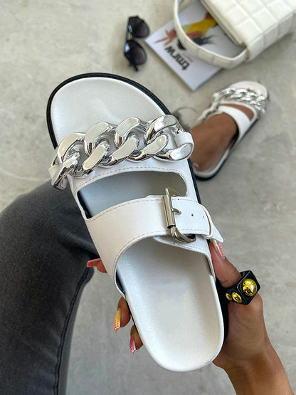 Chain Decor Double Buckles Sandals White / 6.5/7