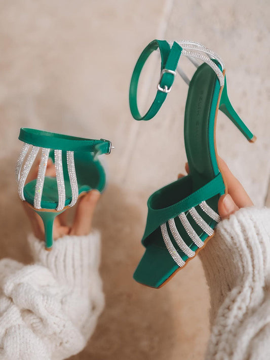 Rhinestone Hollow Ankle Strap Heels Green / 5/5.5