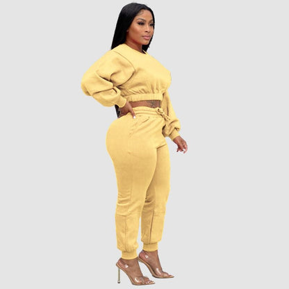 Crew Neck Crop Top & Drawstring Pant Set Black / XL
