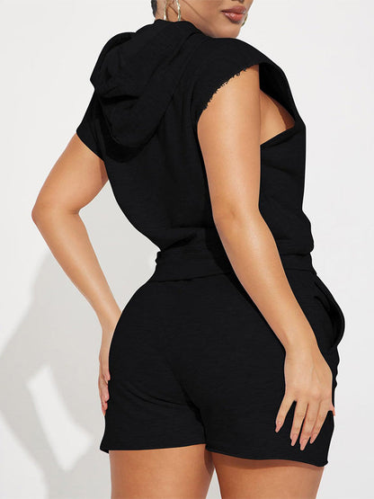 Hoodie Top & High Waist Shorts Black / L
