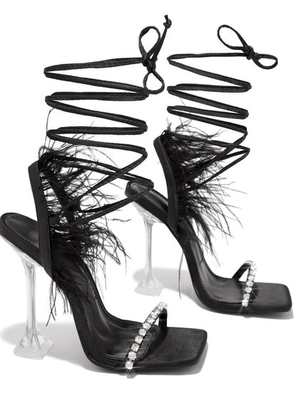 Rhinestone Feather Square Toe Sandals Black / 4/4.5