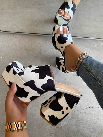 Printed Chunky Heeled Platform Sandals Khaki / 8.5