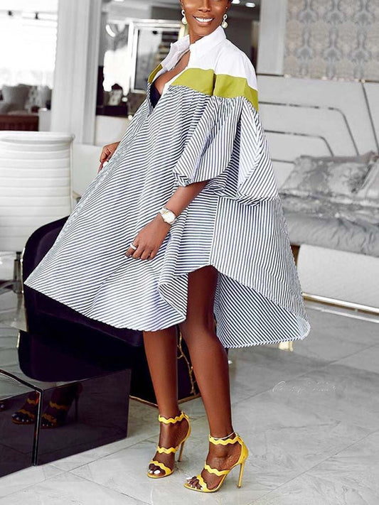 Button Up Stripe Print Shirt Dress Black White / L