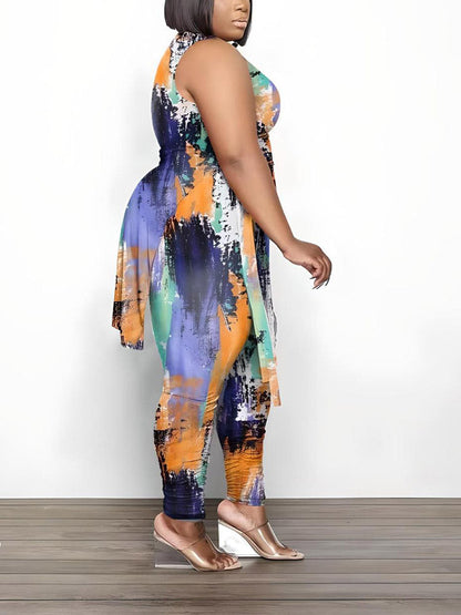 Printed Sleeveless Top Jogger Set White / 2XL