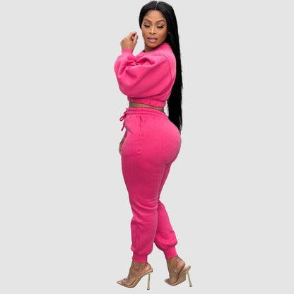Crew Neck Crop Top & Drawstring Pant Set Rose / L