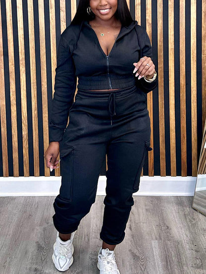 Crop Hoodie Jogger Set Black / L