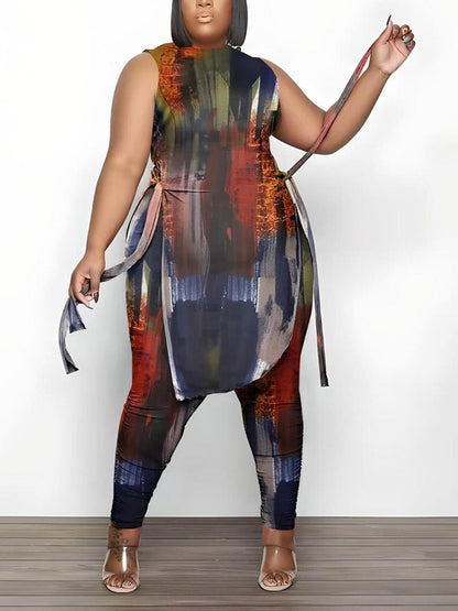 Printed Sleeveless Top Jogger Set Yellow / 3XL