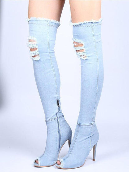 Peep Toe Over The Knee Denim Boots Sky Blue / 6