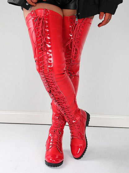 Lace Up PU Leather Boots Red / 5/5.5