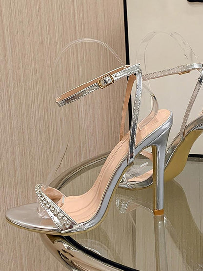 Rhinestone Ankle Strap Heels Silver / 8.5