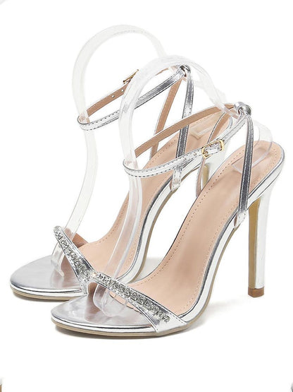 Rhinestone Ankle Strap Heels Silver / 6