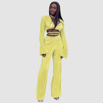V-Neck Tie Up Top & Pleated Wide Leg Pant Set Yellow / M