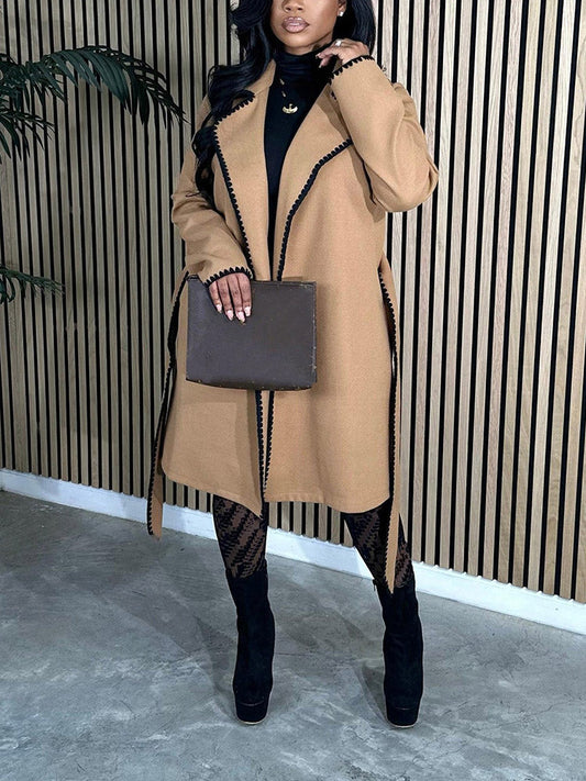 Contrast Lapel Neck Belted Coat Camel / S