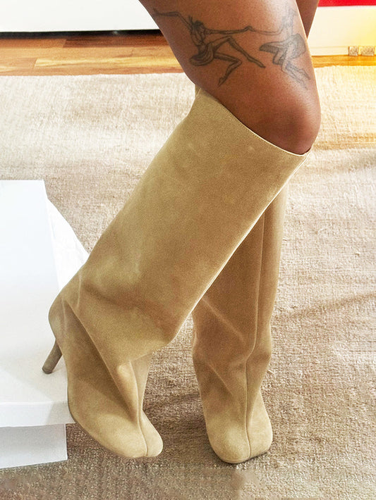 Suede Wide Calf Square Toe Boots Apricot / 5/5.5