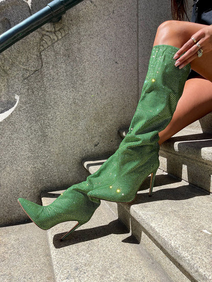 Crystal-Embellished Suede Boots Green / 7.5/8