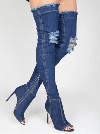 Peep Toe Over The Knee Denim Boots Blue / 6