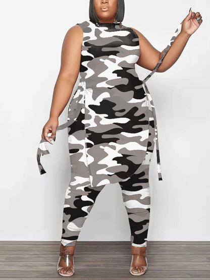Camouflage Print Sleeveless Irregular Set Camo White / 2XL
