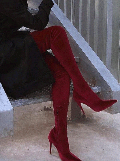Velvet Pointed Toe High Heels Boots Red / 6.5/7