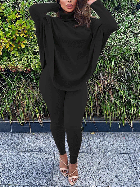 Batwing Sleeve Top & Skinny Pants Set Black / S