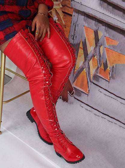 Lace Up PU Leather Boots Red / 8.5