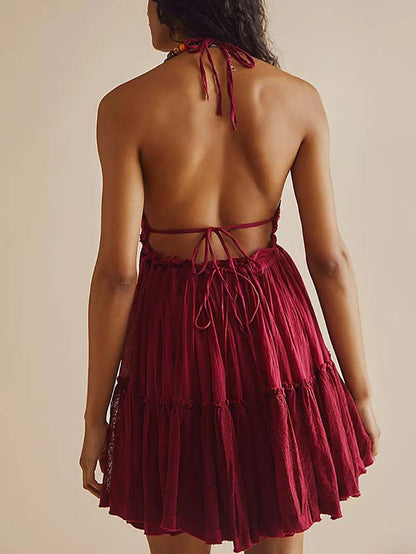 Women's Halter Backless Ruffle Dress Apricot / L