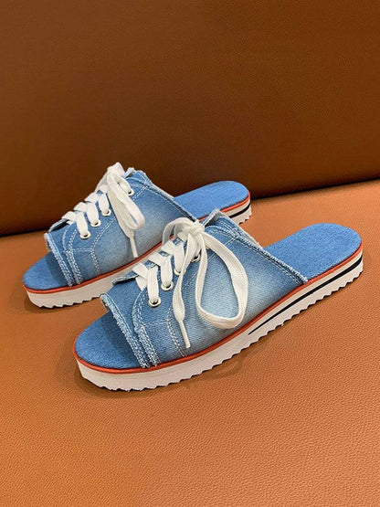 Lace Up Denim Flat Slippers Light Blue / 8.5