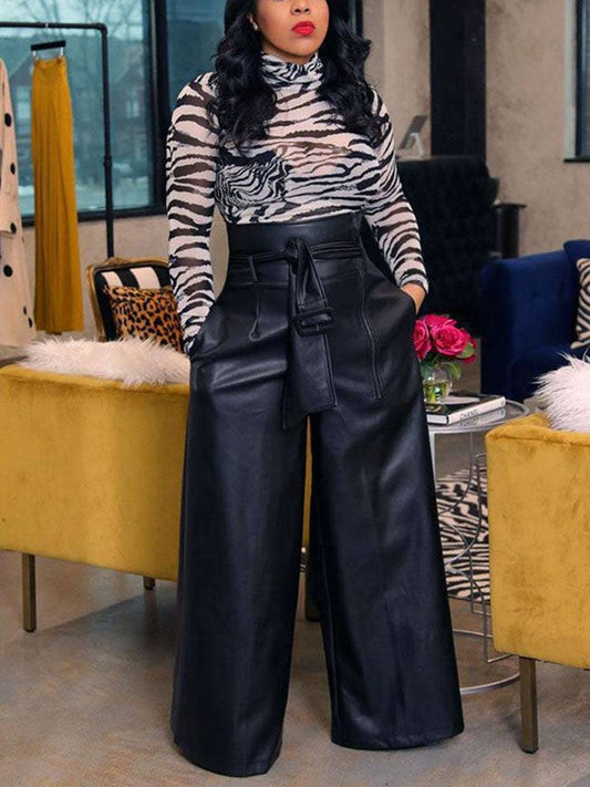 High Waist Wide Leg PU Leather Pants Black / M