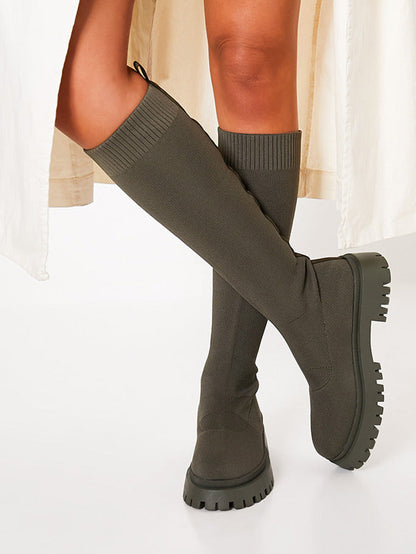 Knitted Flat Heel Sock Boots Green / 5/5.5