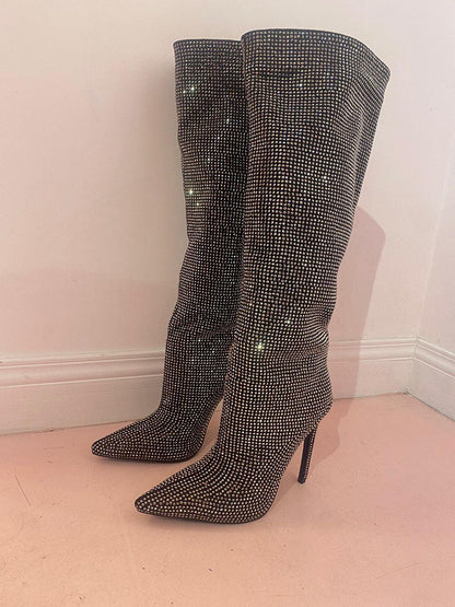 Crystal-Embellished Suede Boots Black / 10.5/11