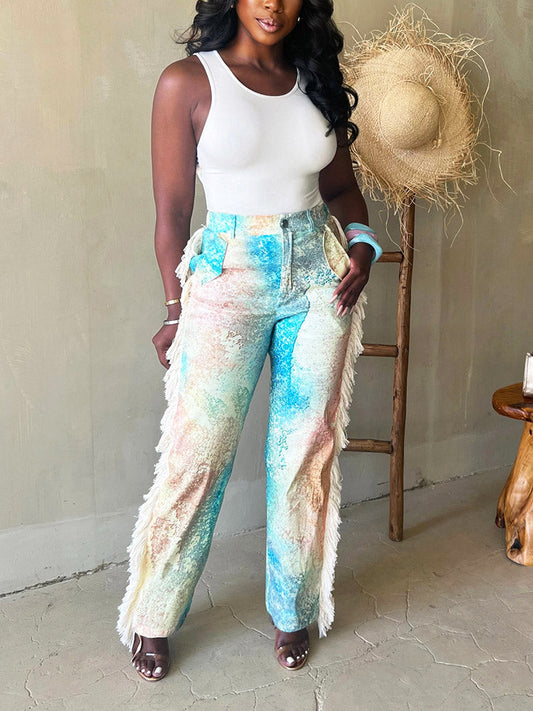 Watercolor Palette Fringe Pants Light Blue / S
