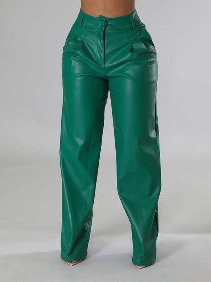 Wide-Leg PU Leather Pants Green / 2XL