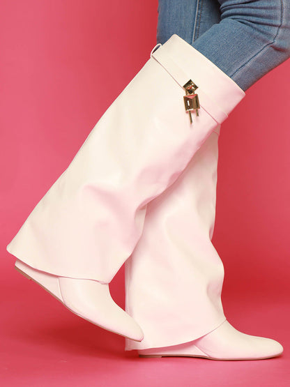 Lock & Key Leather Wedge Heel Boots White / 5/5.5
