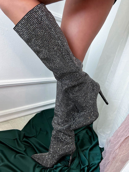 Crystal-Embellished Suede Boots Black / 9/9.5