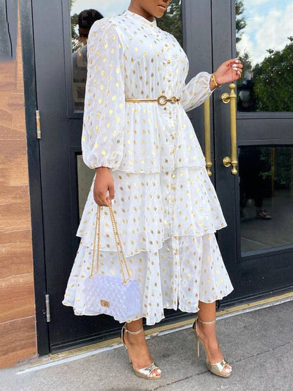 Women's Elegant Polka Dot Ruffle Dress White / M