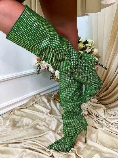 Crystal-Embellished Suede Boots Green / 9/9.5