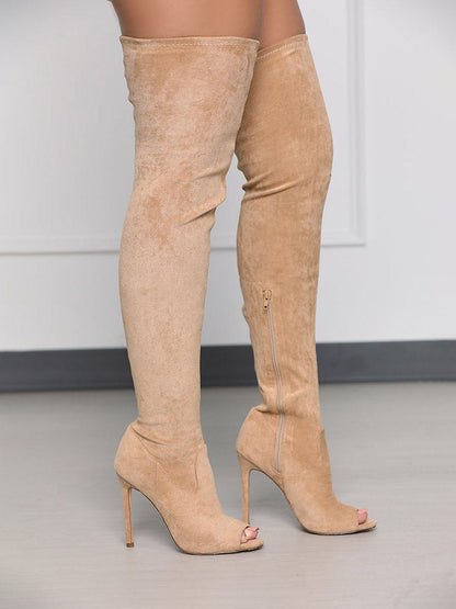 Peep Toe Suede Over Knee Boots Black / 4/4.5
