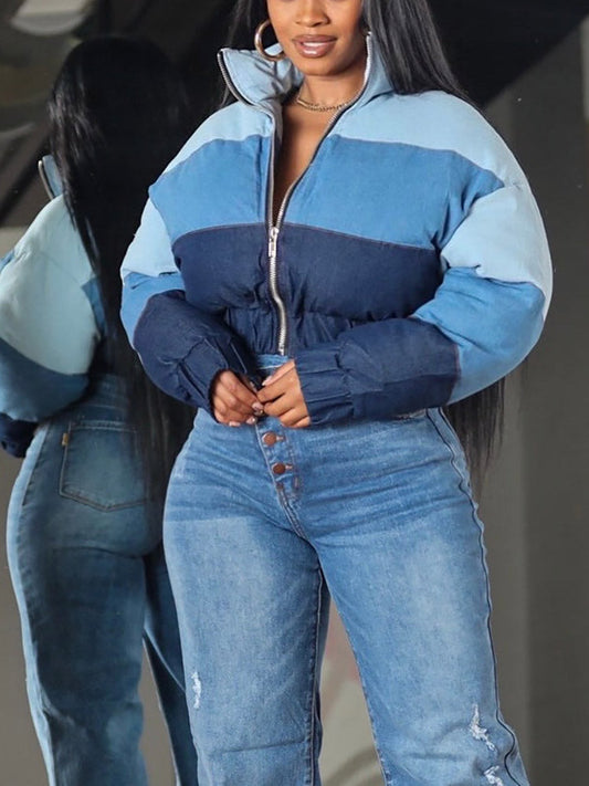 Color Block Denim Puffer Jacket Blue / S