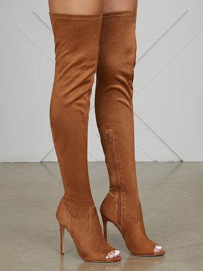 Peep Toe Suede Over Knee Boots Chestnut / 6.5/7