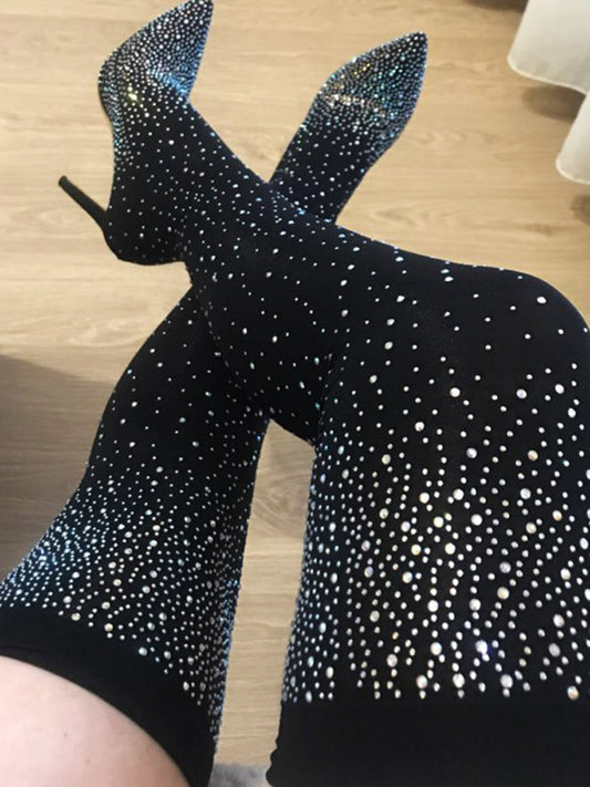 Rhinestone Decor Thigh High Boots Black / 4/4.5