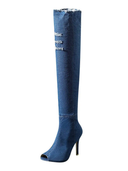 Peep Toe Over The Knee Denim Boots Blue / 9/9.5