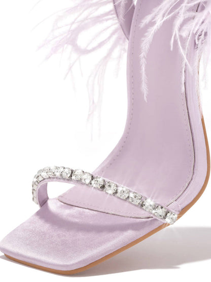 Rhinestone Feather Square Toe Sandals Purple / 8.5