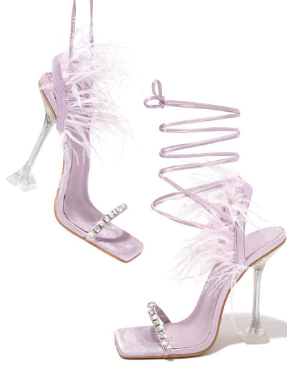 Rhinestone Feather Square Toe Sandals Purple / 7.5/8