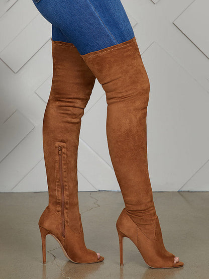 Peep Toe Suede Over Knee Boots Chestnut / 4/4.5