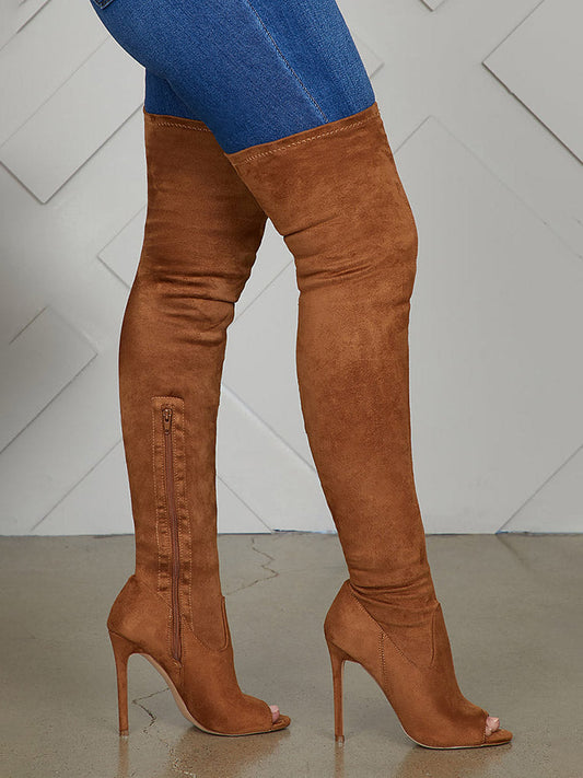 Peep Toe Suede Over Knee Boots Chestnut / 4/4.5