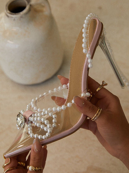 Pearl Bow Pointed Toe Heel Sandals Pink / 6.5/7