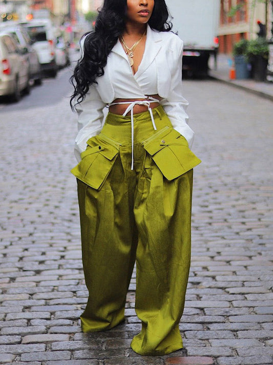 Cargo Pocket Wide Leg Pants Green / S