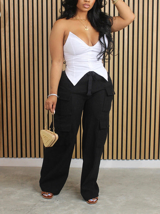 Corduroy High Waisted Cargo Pants *Black / M