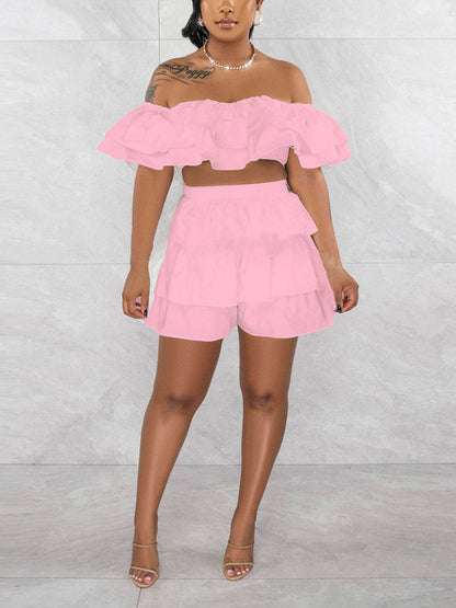 Ruffle Crop Top Shorts Set White / S