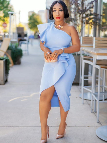 Women's One Shoulder Irregular Ruffled Midi Dress Light Blue / M